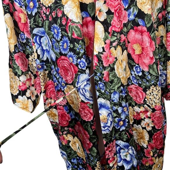 Vintage 80s Floral Satin Kimono Long Robe Lingerie Beaux Reves OS One Size - Picture 5 of 7